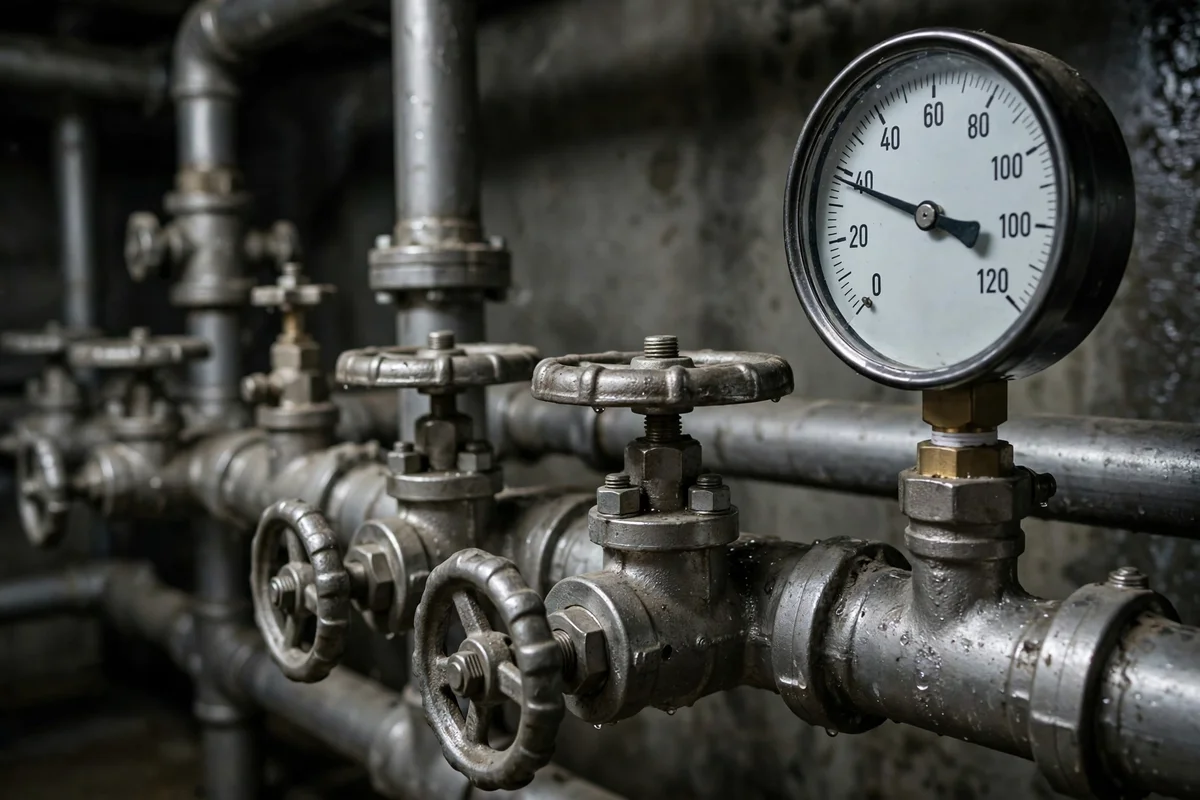 Boiler pipes, valves, and a pressure gauge in an older system
