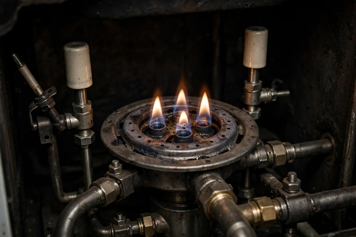 A gas boiler burner with ignition electrodes and a small viewing window
