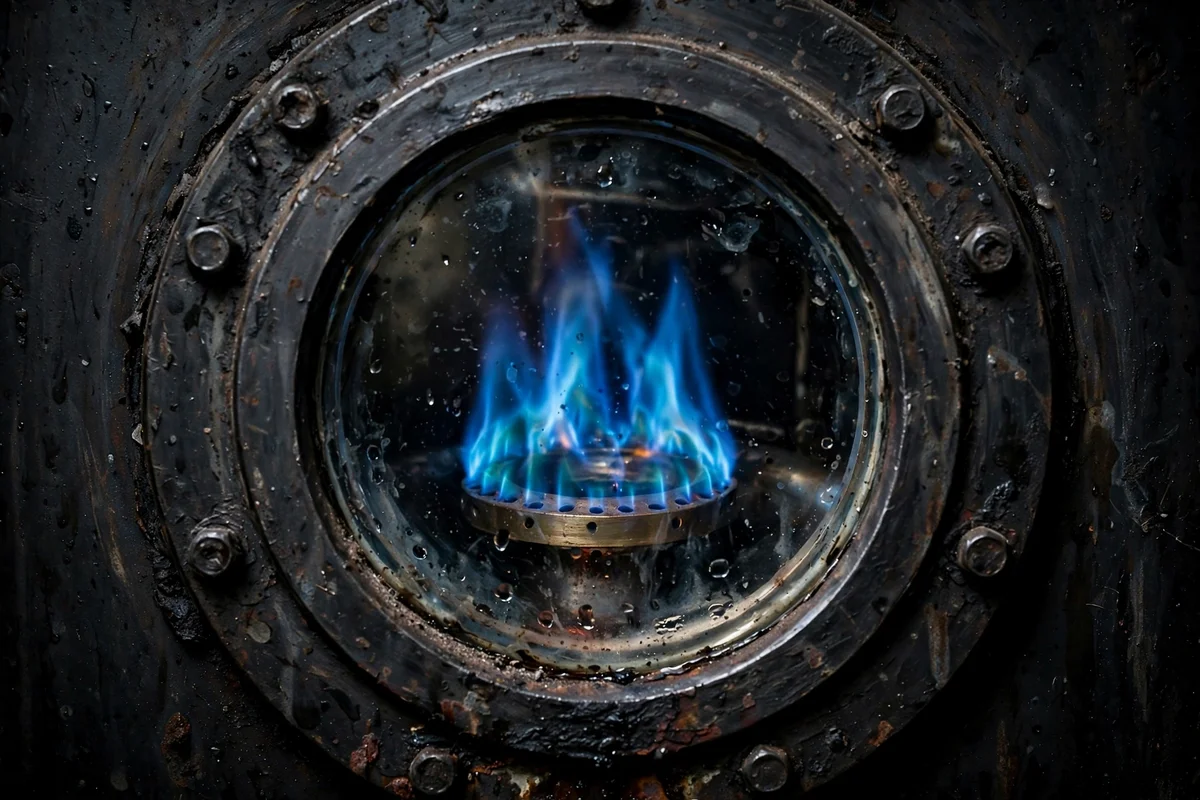 A steady blue gas burner flame seen through a boiler inspection window