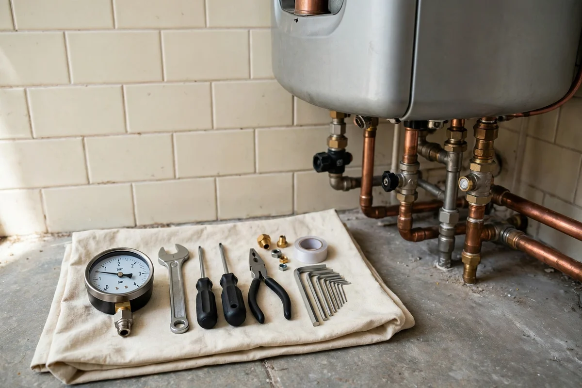 A technician's tools and a pressure gauge laid out beside a boiler