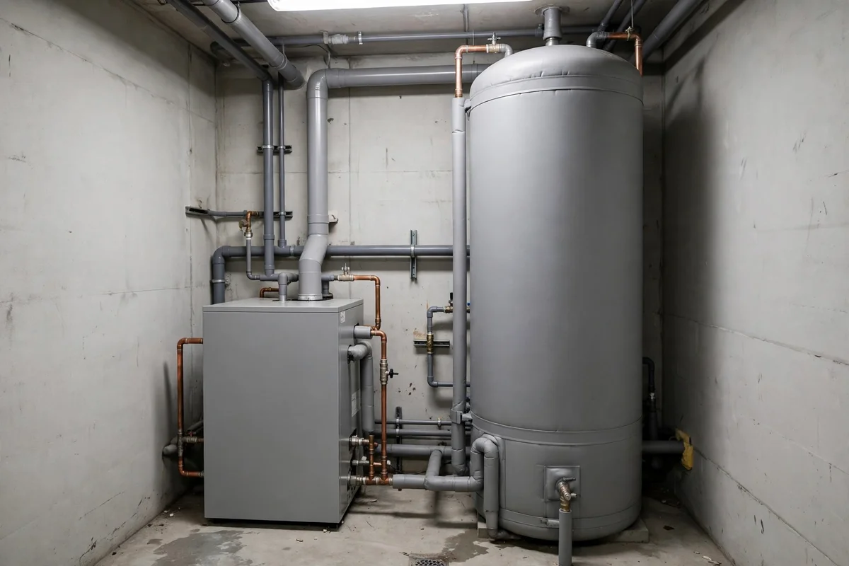 An indirect hot water tank with pipes beside a boiler in a utility room