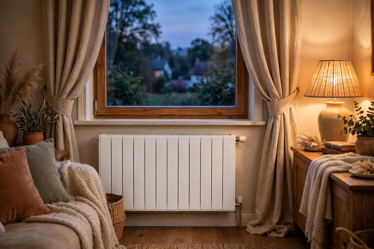 A white panel radiator under a window in a warm living room at dusk