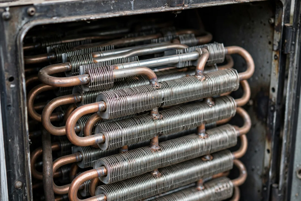 Coiled metal heat exchanger tubes inside a boiler casing