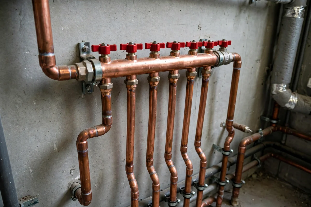 A hot water heating manifold with copper pipes and red-handled valves