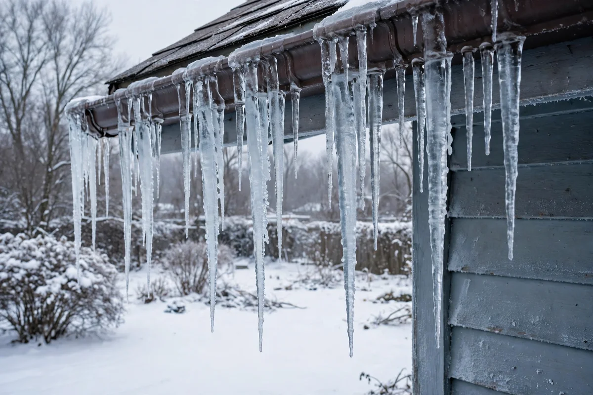 Icicles hanging from a gutter above a house wall on a freezing day