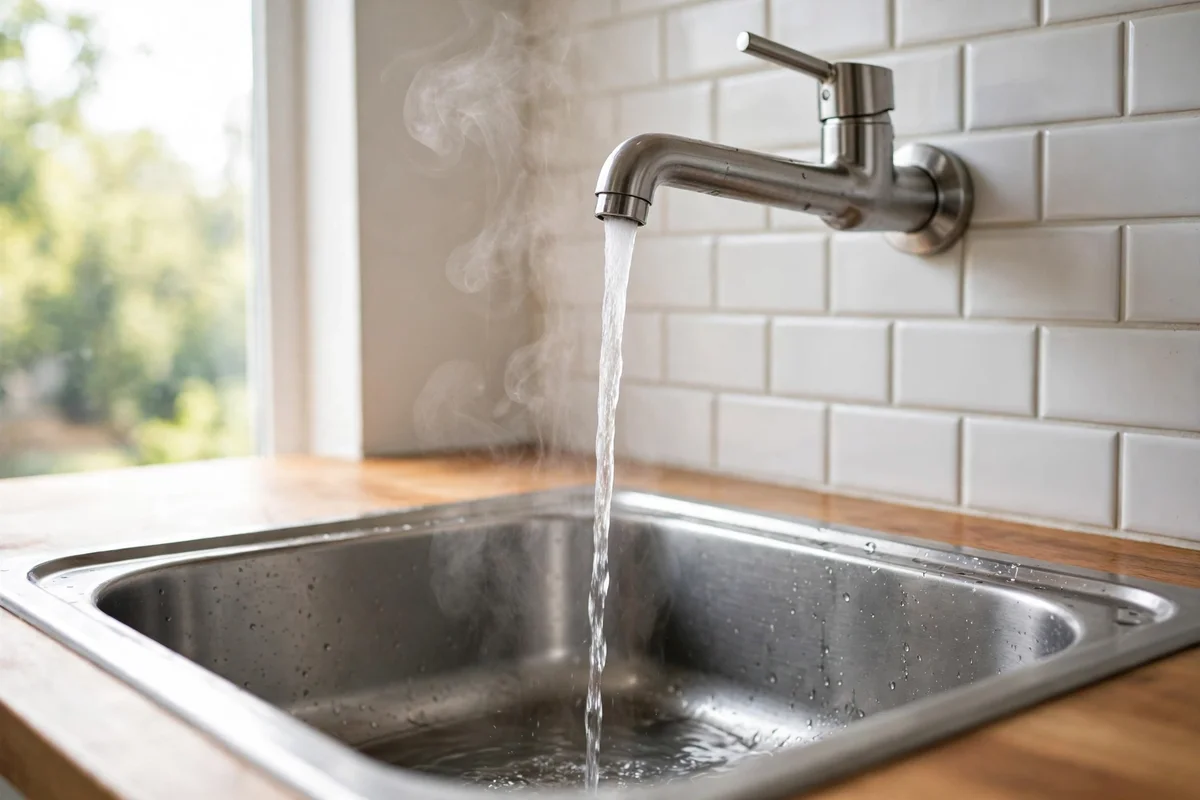 A kitchen tap running hot water with steam rising over a sink