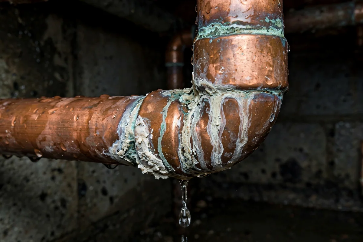 A dripping copper pipe joint with mineral staining around the fitting
