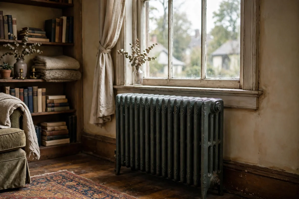 A classic cast iron radiator beside a window in an older living room
