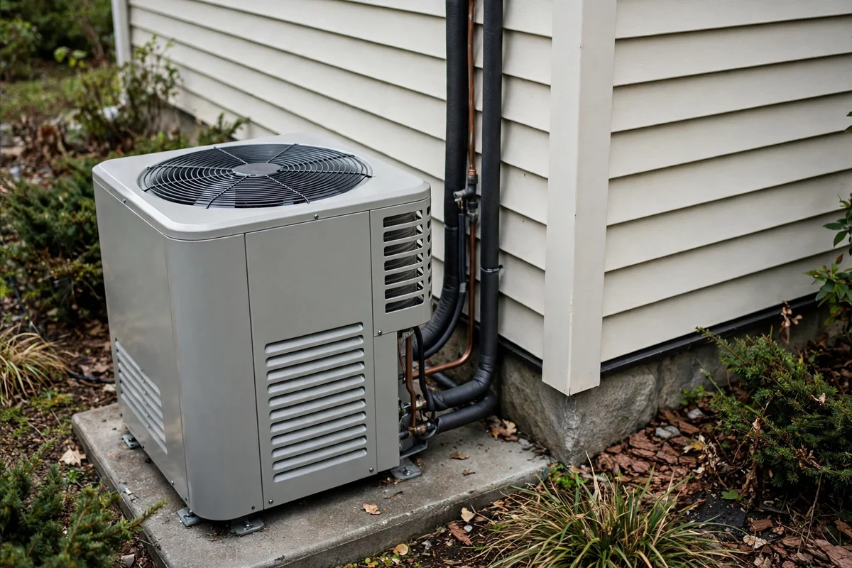 An outdoor heat pump unit beside the wall of a home on a concrete pad