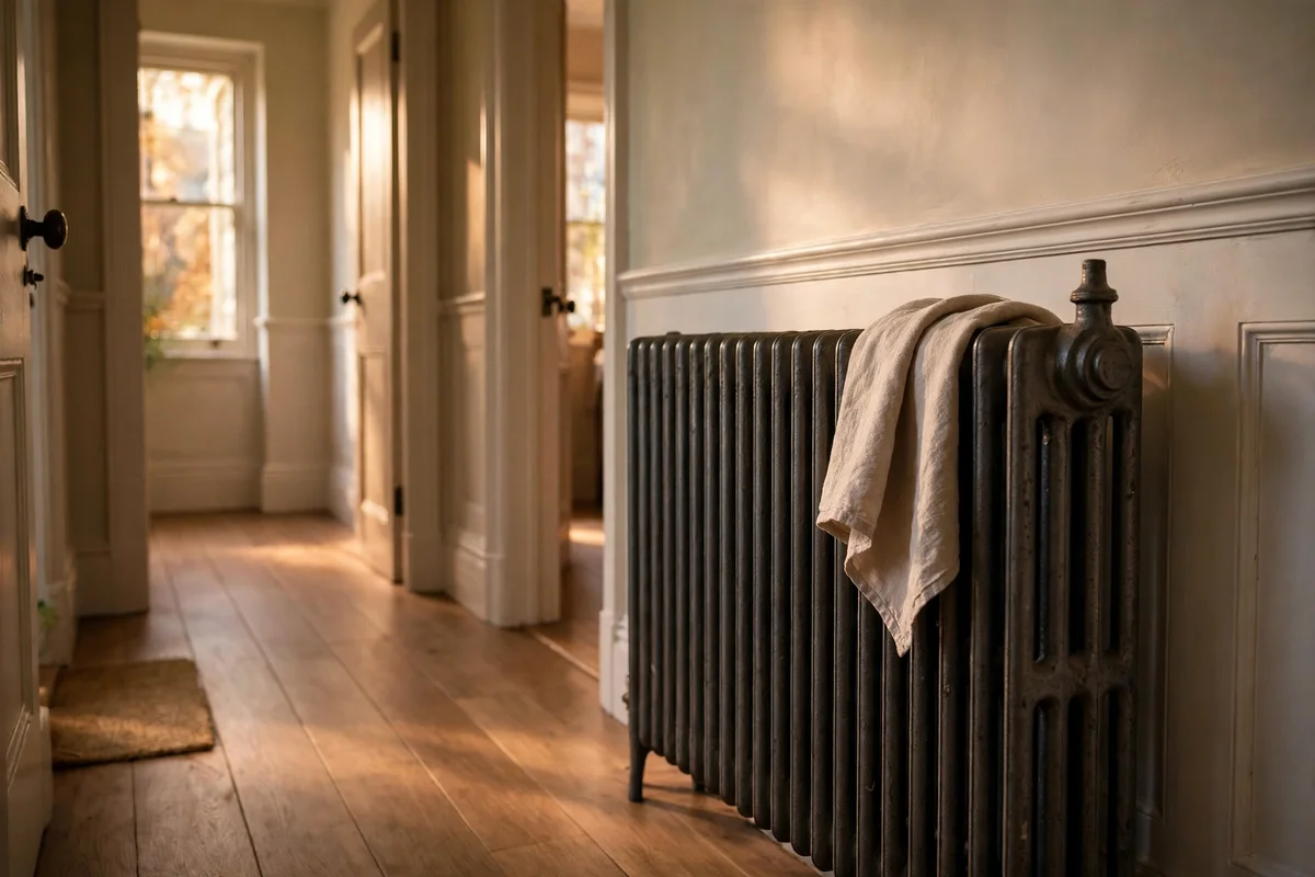 A hand feeling the top of a panel radiator to check for a cold spot