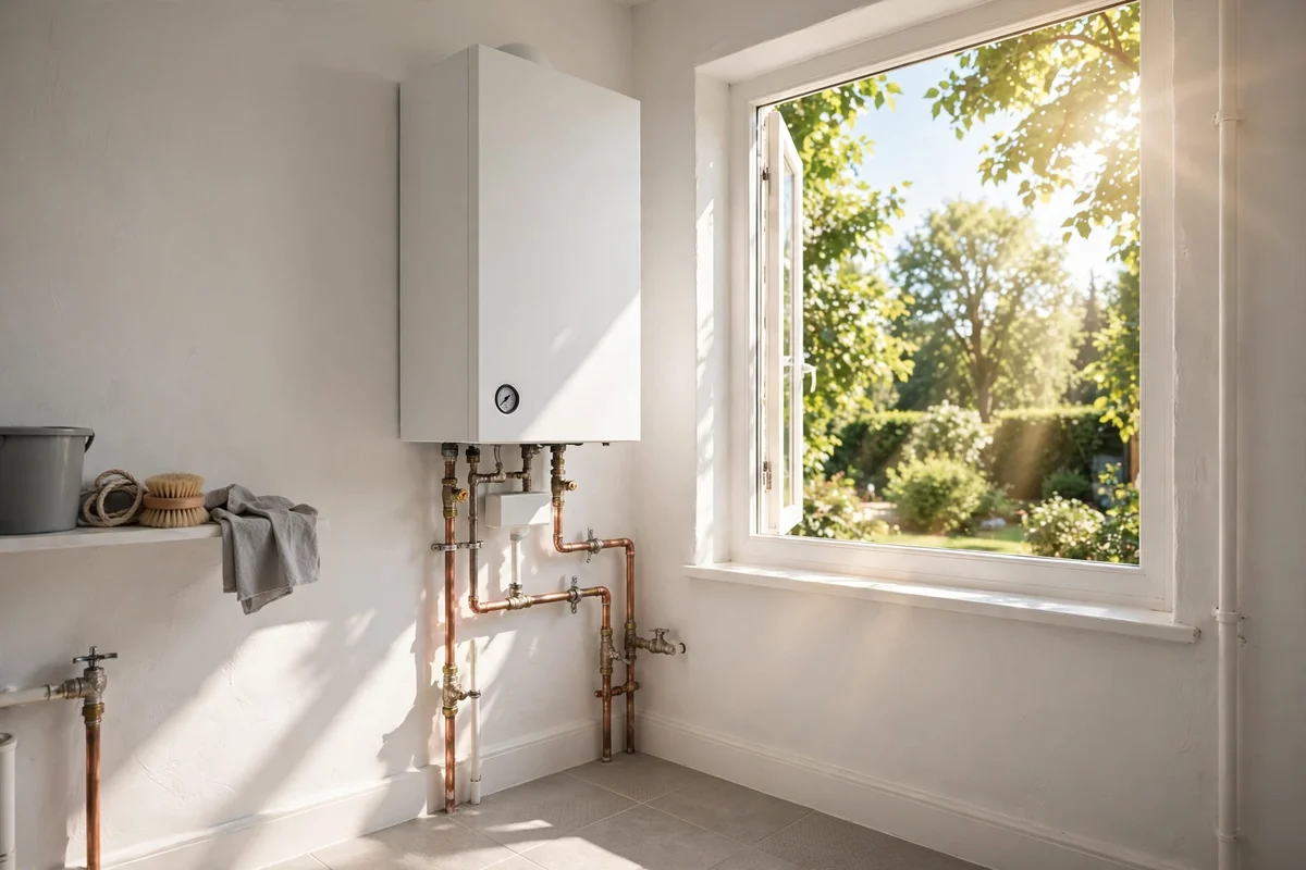 A bright, clean basement utility room with a modern boiler in summer light