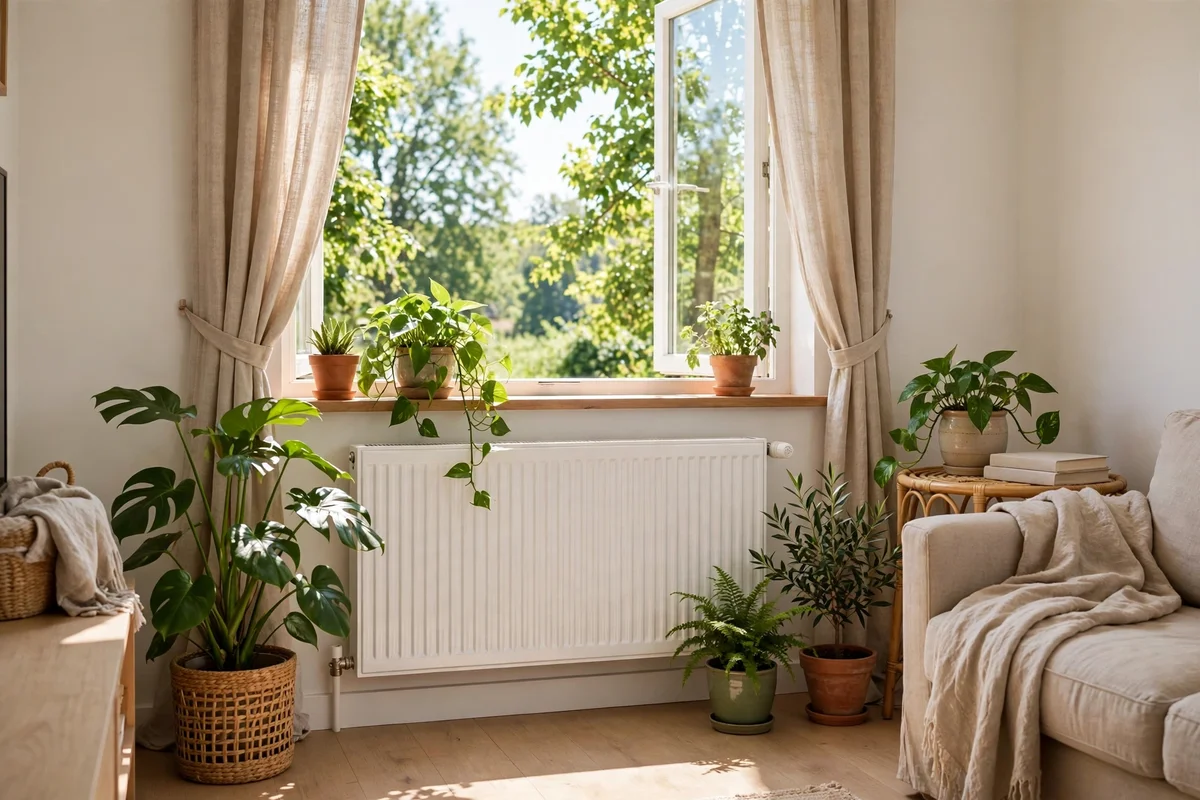 A sunlit living room with a white panel radiator under a window