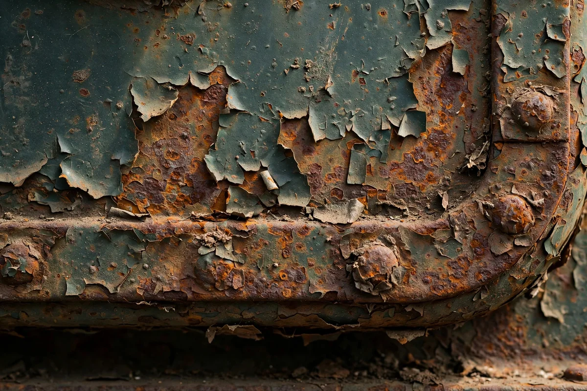 An older boiler with a rust patch and worn paint on its casing