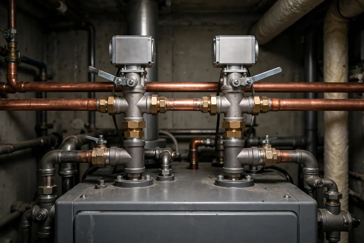 A heating manifold with two motorised zone valves and copper pipes