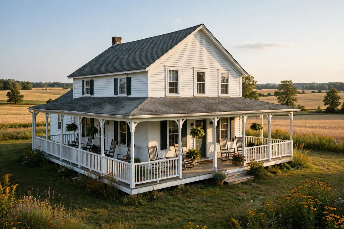 Farmhouse with open fields near Clayton