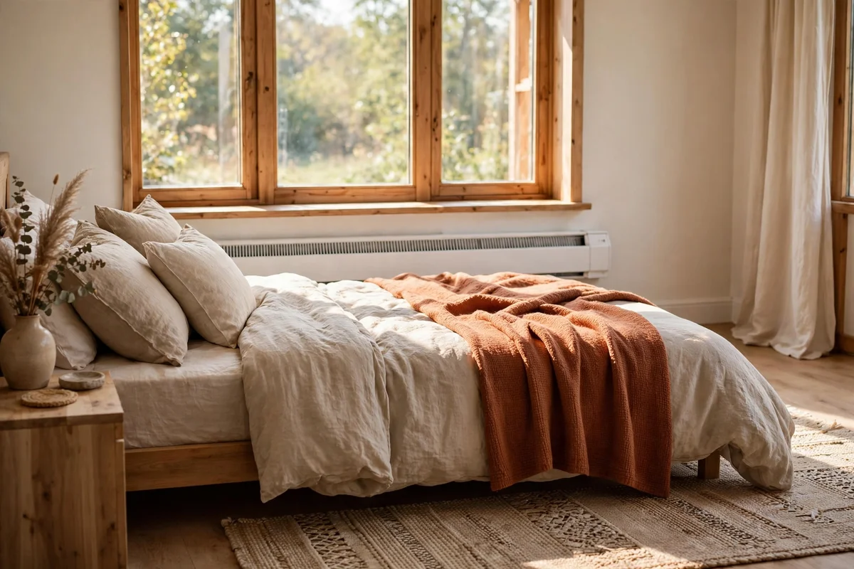 Bedroom with white baseboard heating under a window