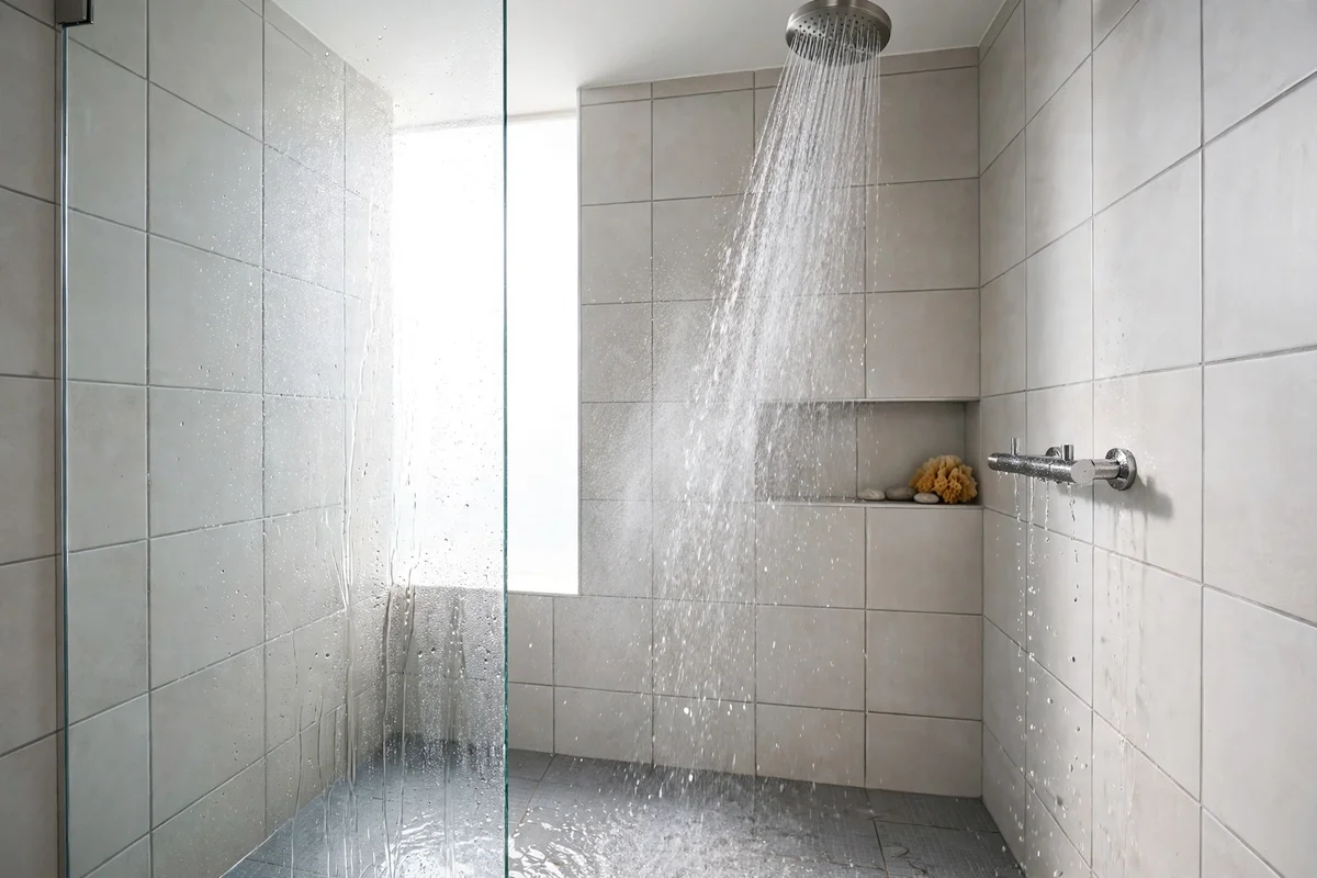 Modern shower running with water spray in a tiled bathroom