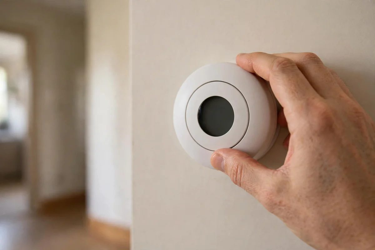 Hand adjusting a round wall thermostat in a hallway