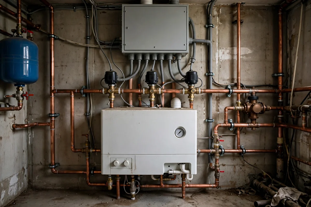 Zone valves and control box wired above a boiler