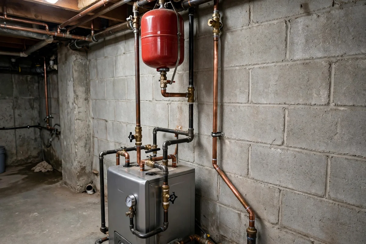 Expansion tank and relief pipe above a hot water boiler
