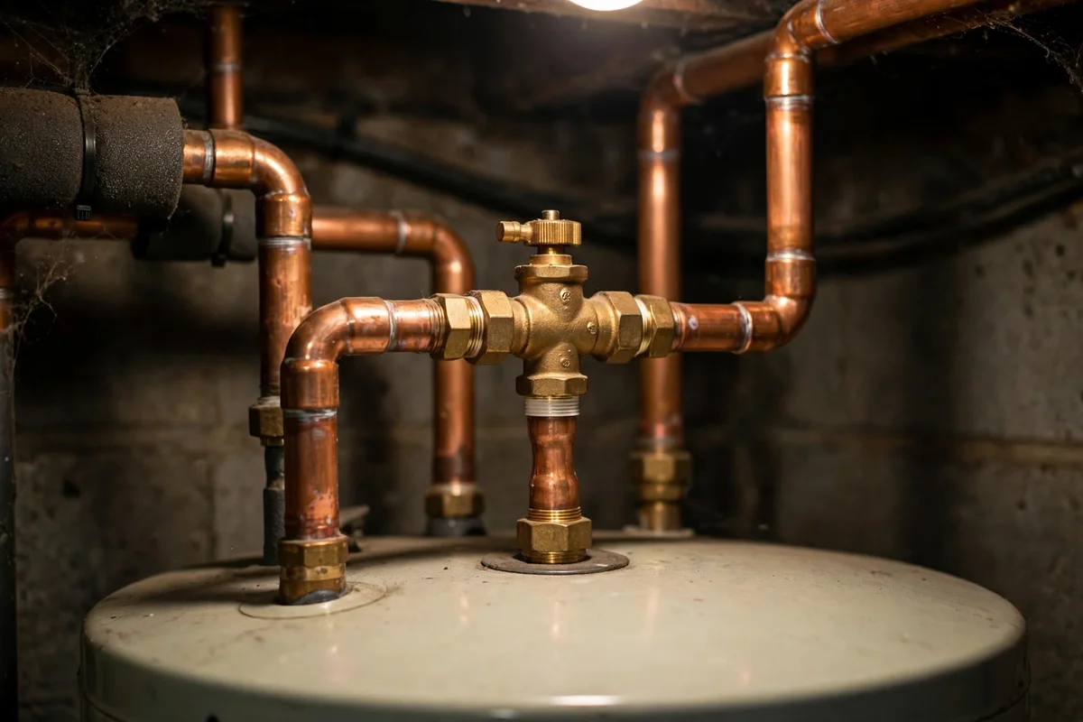 Copper pipes and mixing valve connected to a water heater tank