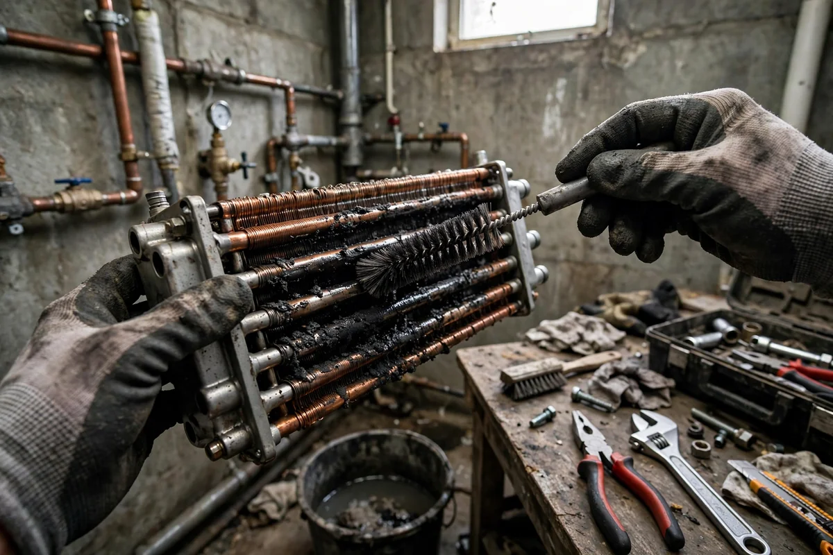 Gloved hands brushing a dirty boiler heat exchanger