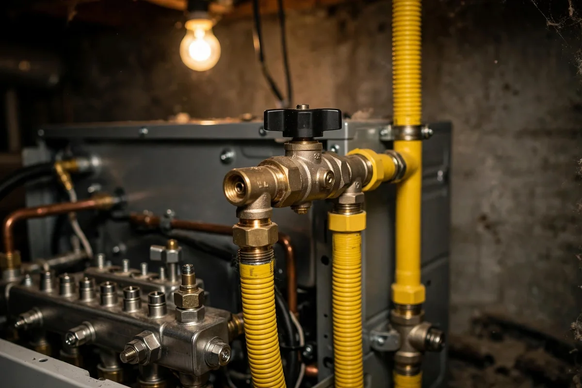 Gas burner and yellow gas piping on a new boiler