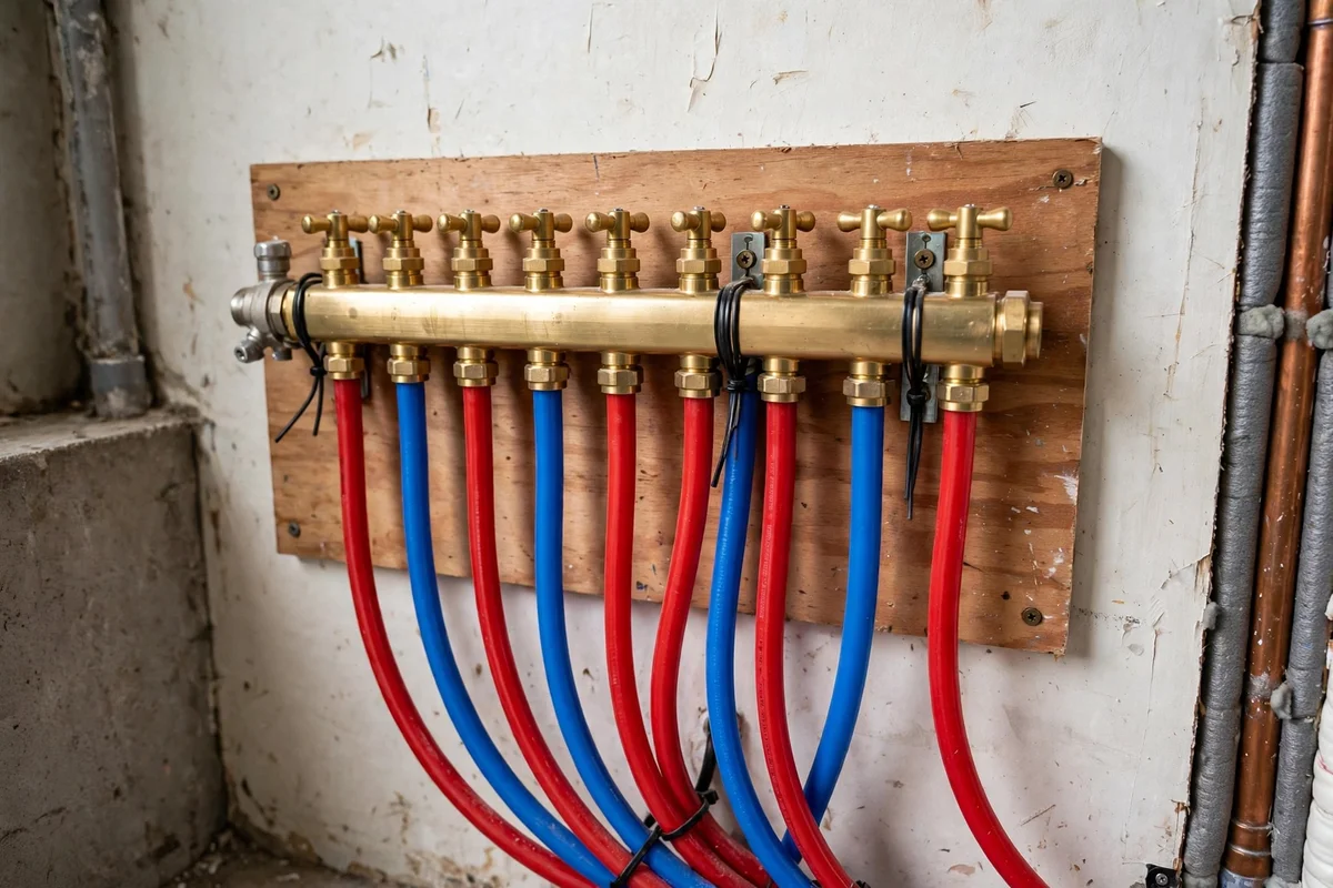 Radiant manifold with red and blue loops and brass valves on a wall