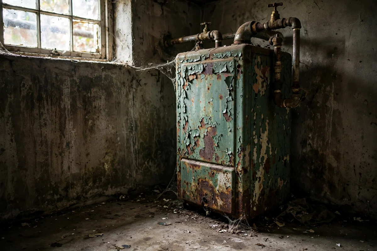 Old floor boiler with peeling paint and rust in a basement corner