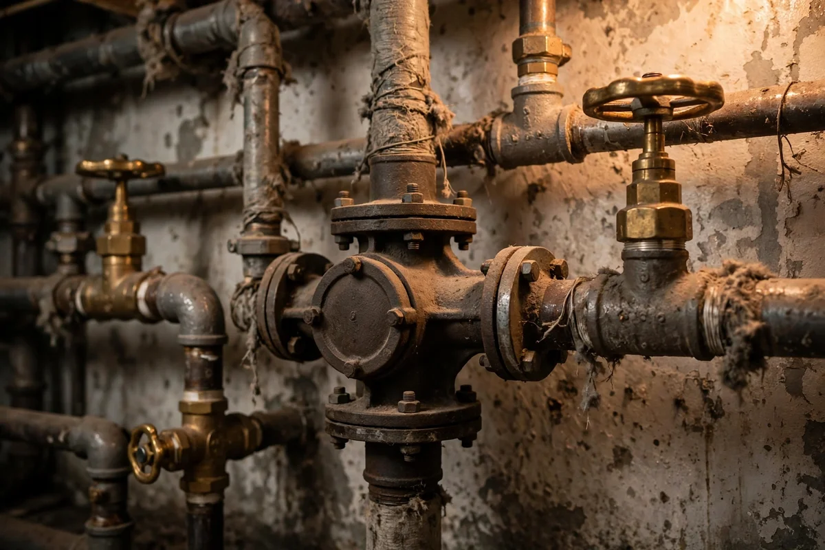 Steam pipes, trap, and brass valves on a basement wall